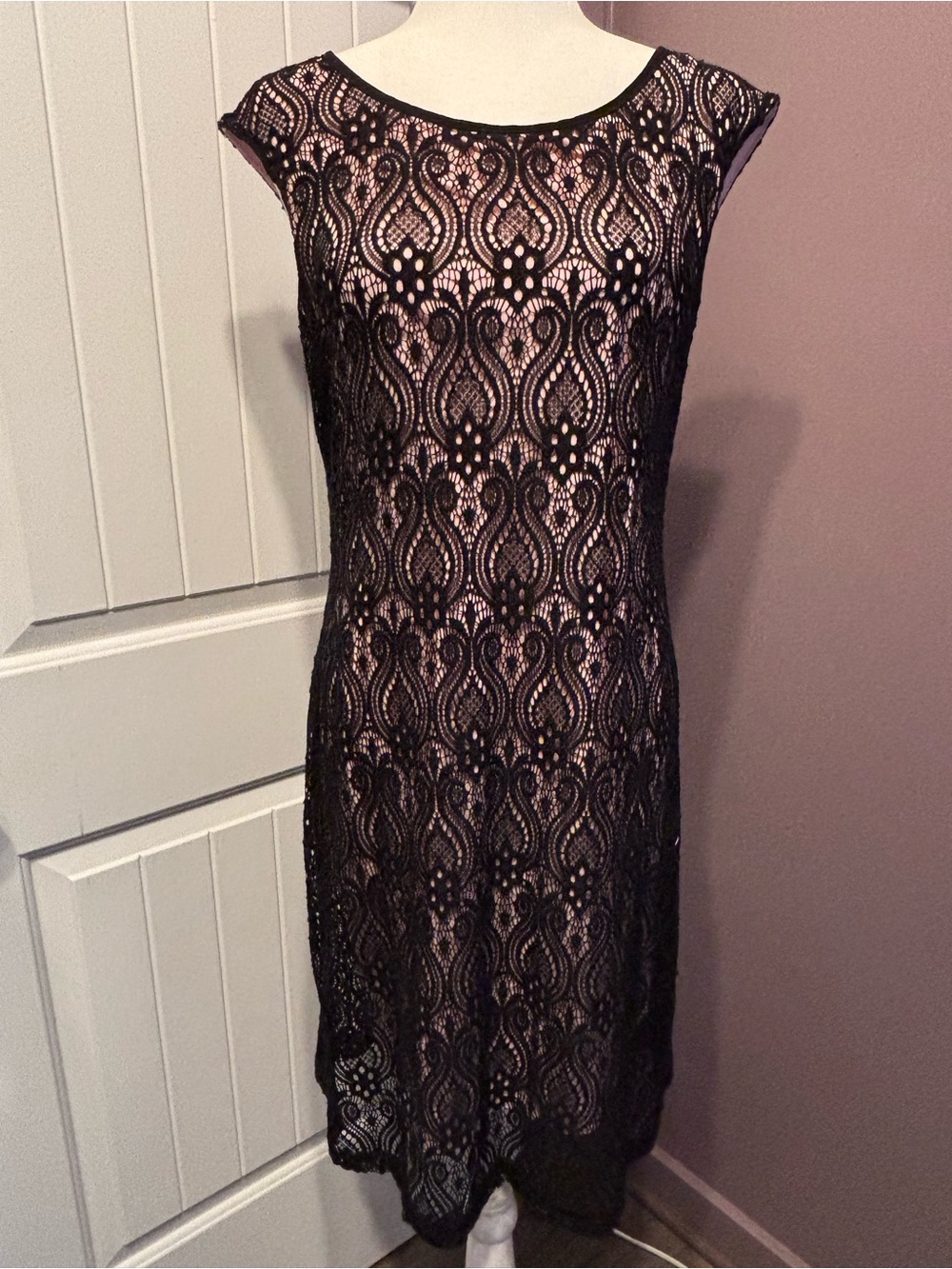 Connected Apparel Black Lace Overlay Sheath Dress